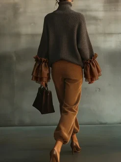 Casual Color Block Turtleneck Sweater with Sheer Ruffle Cuffs