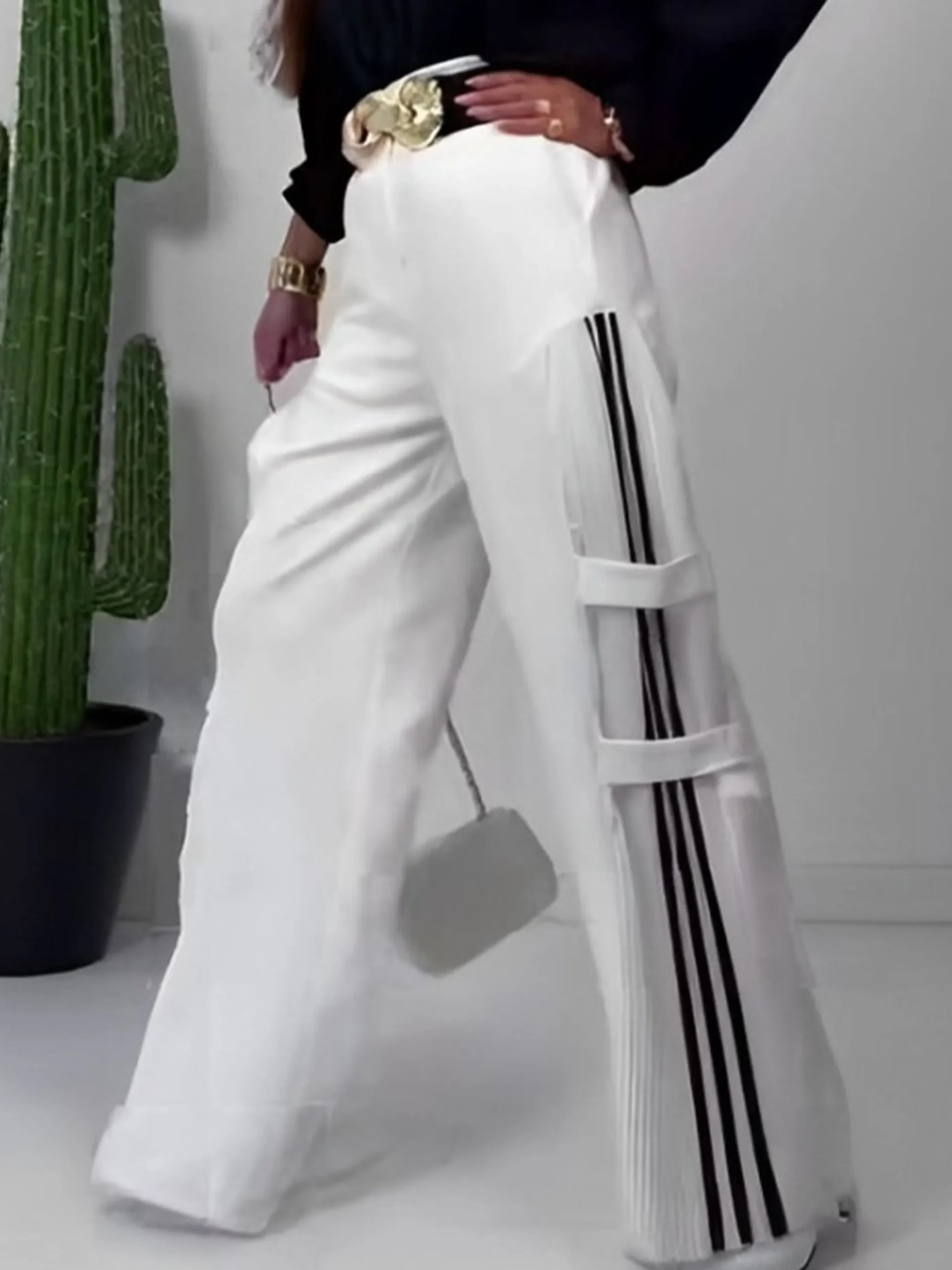 Casual Color Block Wide Leg Pants With No Belt