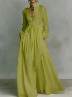 Casual Cotton Linen Maxi Dress High Waist Stand Collar Daily