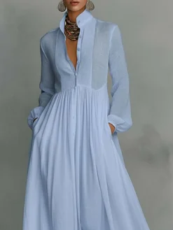 Casual Cotton Linen Maxi Dress High Waist Stand Collar Daily