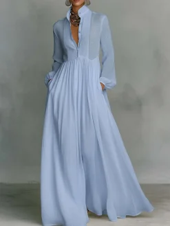 Casual Cotton Linen Maxi Dress High Waist Stand Collar Daily