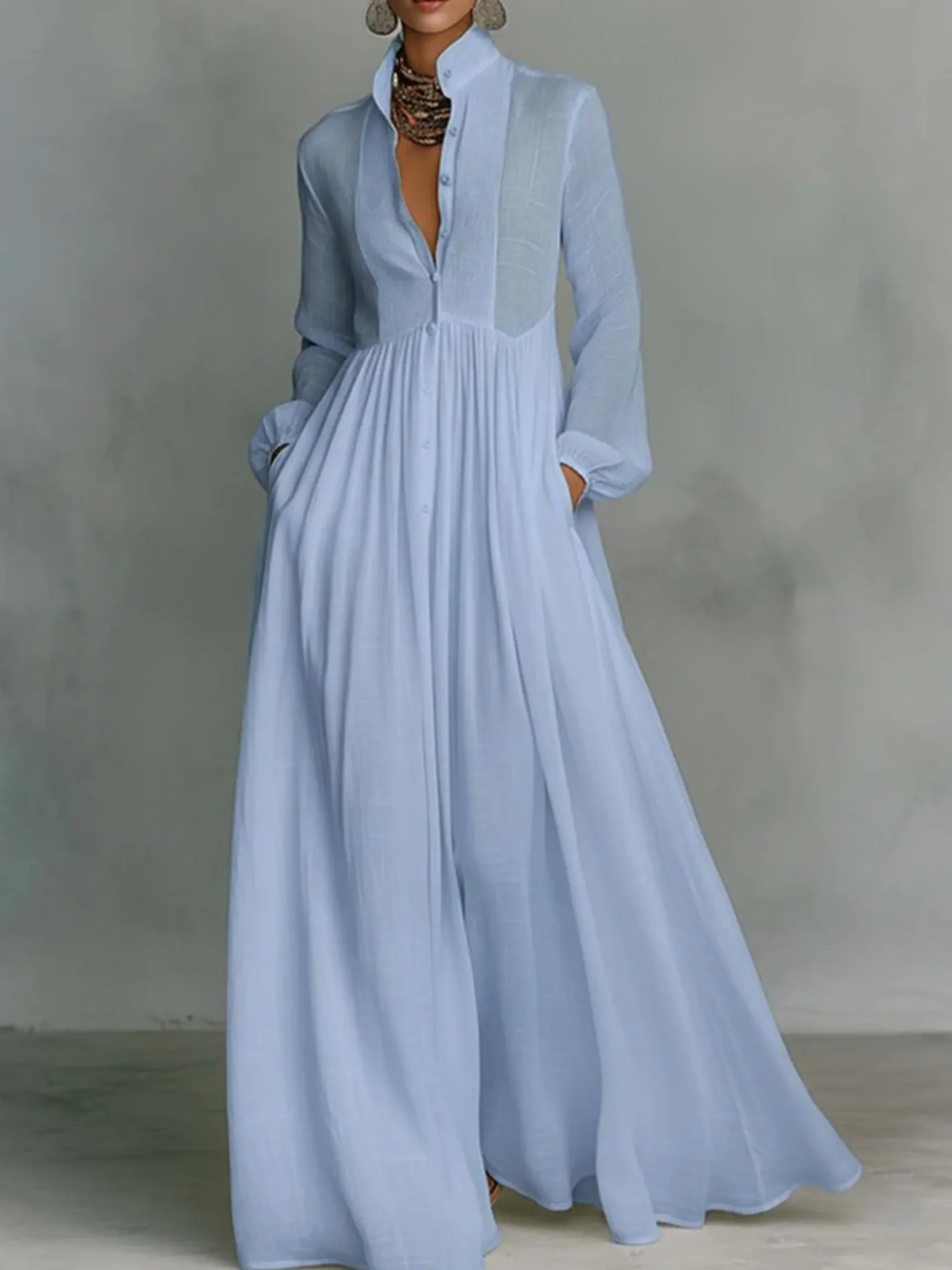 Casual Cotton Linen Maxi Dress High Waist Stand Collar Daily