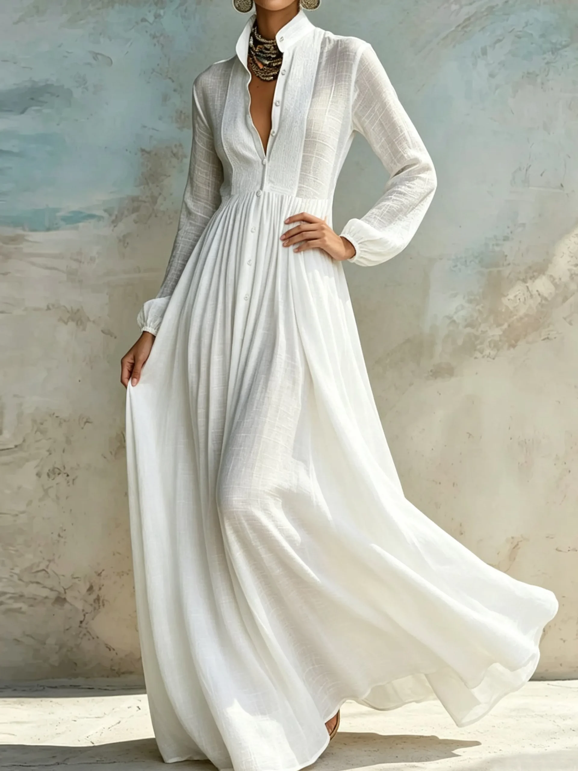 Casual Cotton Linen Maxi Dress High Waist Stand Collar Daily