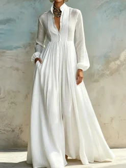 Casual Cotton Linen Maxi Dress High Waist Stand Collar Daily