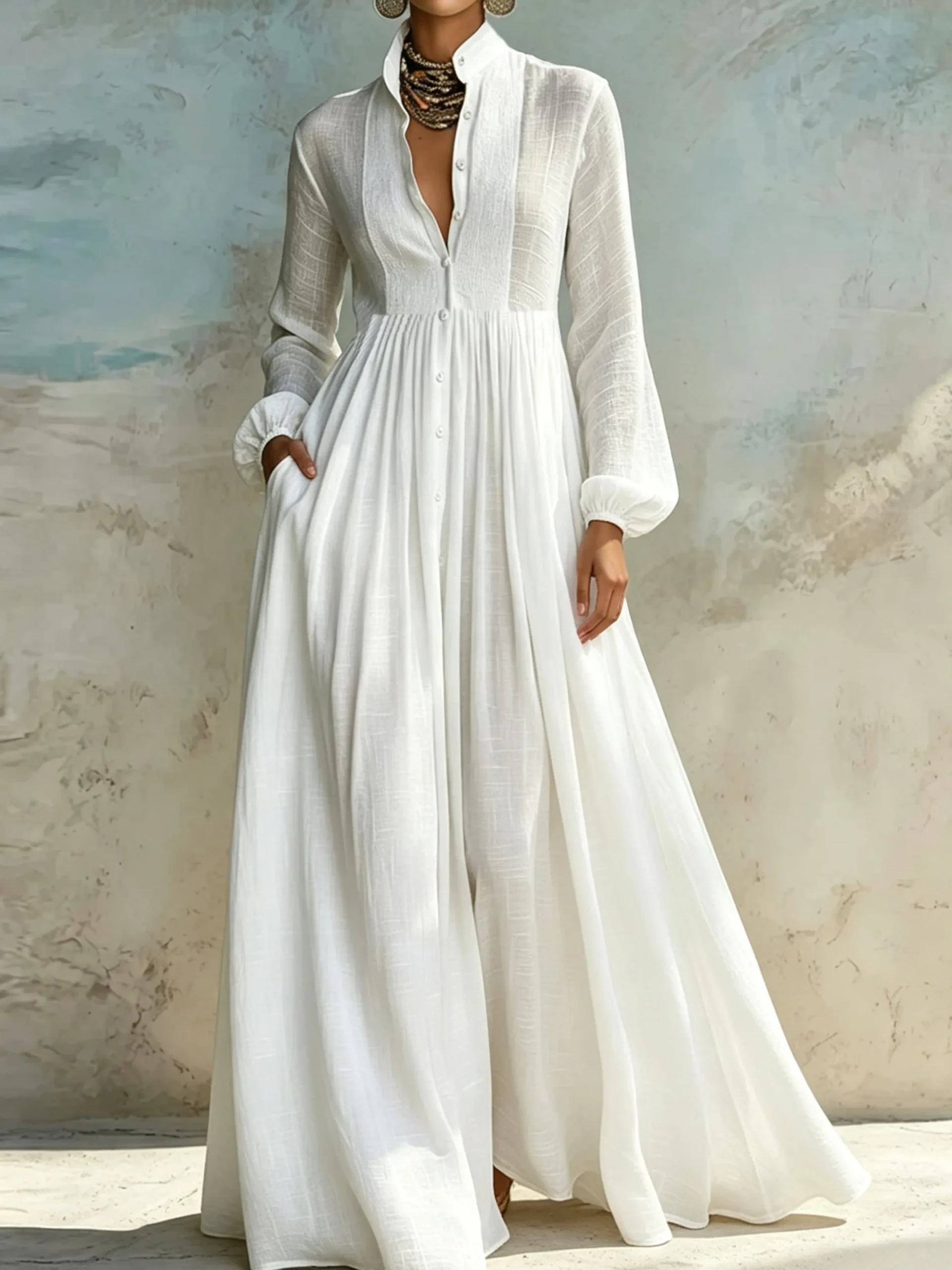 Casual Cotton Linen Maxi Dress High Waist Stand Collar Daily