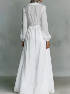 Casual Cotton Linen Maxi Dress High Waist Stand Collar Daily