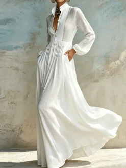 Casual Cotton Linen Maxi Dress High Waist Stand Collar Daily