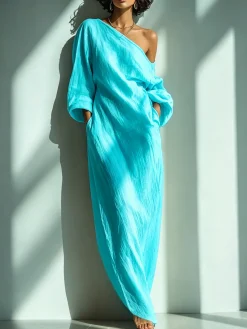 Casual Cotton Linen Maxi Dress Asymmetrical H-Line