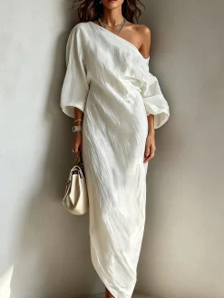 Casual Cotton Linen Maxi Dress Asymmetrical H-Line