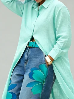 Casual Cotton Shirt Collar Blouse Loose Long Sleeve Daily Top