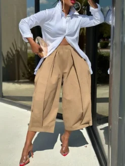 Casual Cotton Wide-Leg Cropped Pants