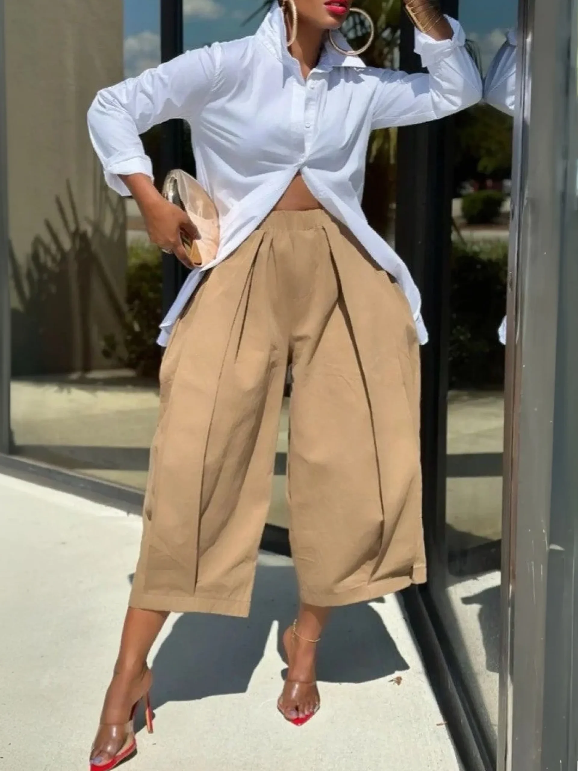 Casual Cotton Wide-Leg Cropped Pants