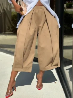 Casual Cotton Wide-Leg Cropped Pants
