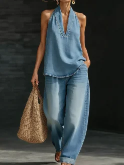Casual Denim Halter Top Sleeveless Deep V-Neck Loose Summer Blouse