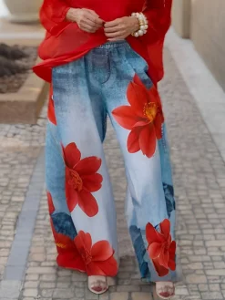 Casual Denim Print Graphic Printing Floral Wide Leg Pants