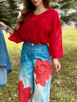 Casual Denim Print Graphic Printing Floral Wide Leg Pants