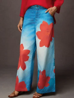 Casual Denim Print Graphic Printing Floral Wide Leg Pants