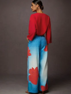 Casual Denim Print Graphic Printing Floral Wide Leg Pants