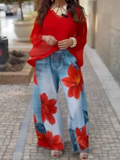 Casual Denim Print Graphic Printing Floral Wide Leg Pants