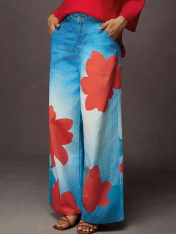 Casual Denim Print Graphic Printing Floral Wide Leg Pants