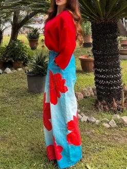 Casual Denim Print Graphic Printing Floral Wide Leg Pants