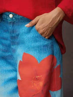 Casual Denim Print Graphic Printing Floral Wide Leg Pants
