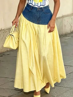 Casual Distressing Split JointColor Block Maxi Skirt