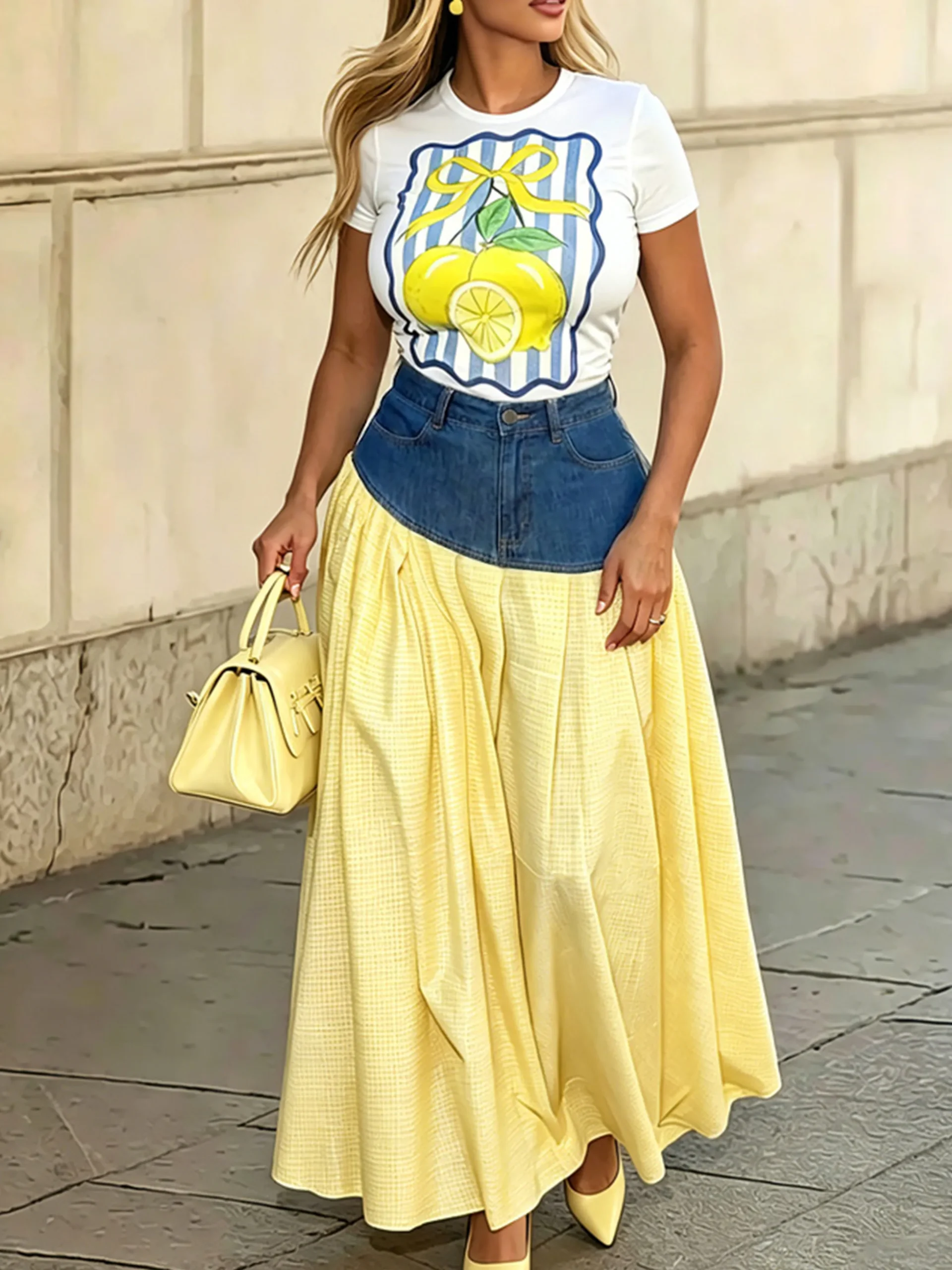 Casual Distressing Split JointColor Block Maxi Skirt