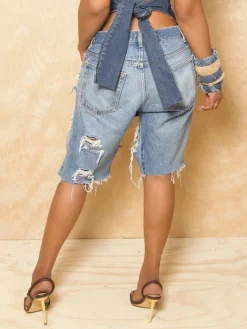 Casual Edgy Distressed Jean Shorts with Cargo Pockets