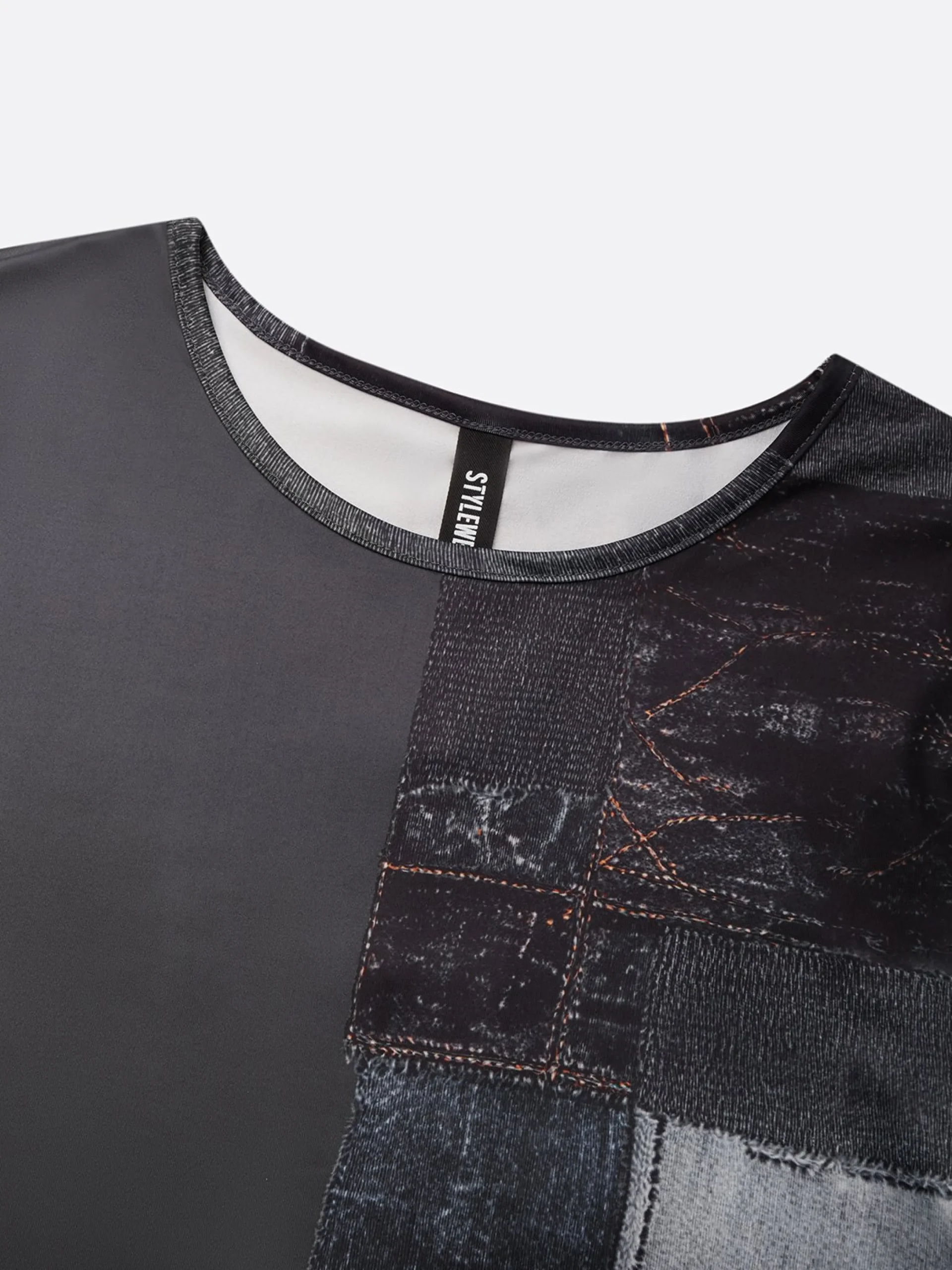 Casual Faux Denim Print Graphic Crew Neck T-shirt