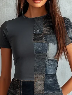 Casual Faux Denim Print Graphic Crew Neck T-shirt