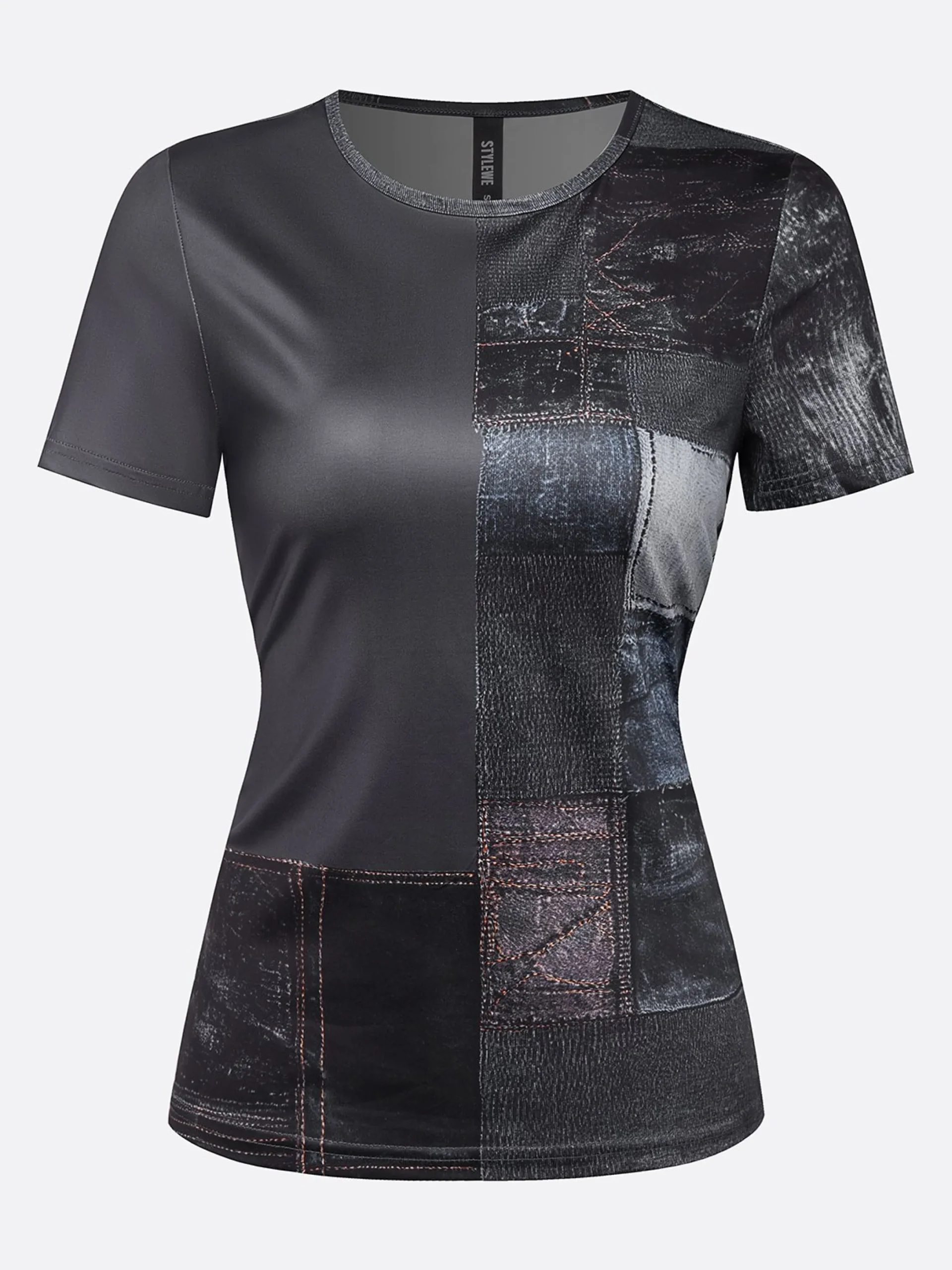 Casual Faux Denim Print Graphic Crew Neck T-shirt