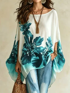 Casual Floral Printing Boat Neck Blouse