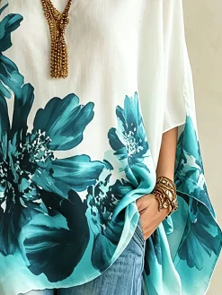 Casual Floral Printing Boat Neck Blouse