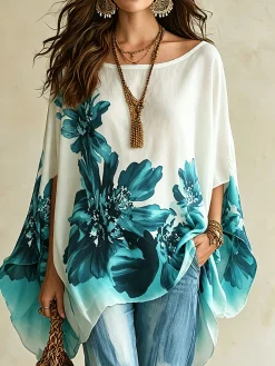 Casual Floral Printing Boat Neck Blouse