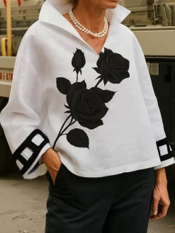 Casual Floral Printing Shawl Collar Blouse