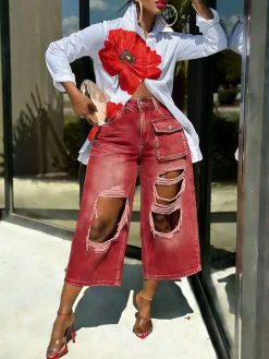 Casual Floral Printing Shirt Collar Shirt