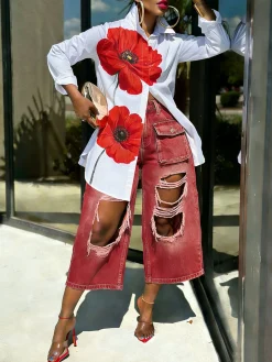 Casual Floral Printing Shirt Collar Shirt
