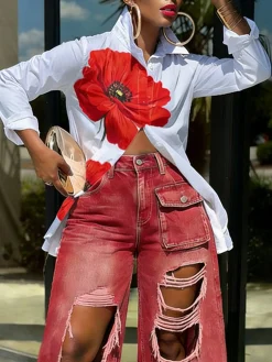 Casual Floral Printing Shirt Collar Shirt
