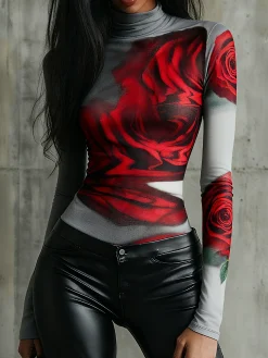 Casual Floral Printing Tight T-shirt