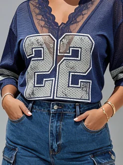 Casual Geometric Lace Edge Letter Pattern T-shirt