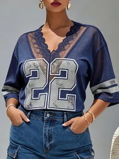 Casual Geometric Lace Edge Letter Pattern T-shirt