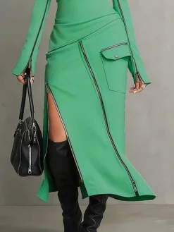 Casual High Waist Slit Midi Skirt for Summer Daily Wear