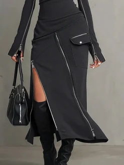 Casual High Waist Slit Midi Skirt for Summer Daily Wear