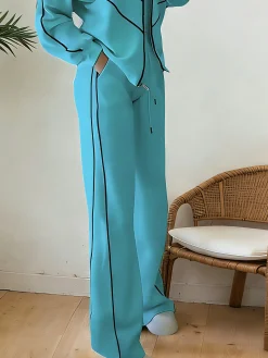 Casual High Waist Wide Leg Pants Color Block H-Line Daily Trousers