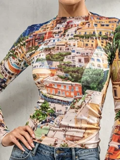 Casual Landscape Print Off The Shoulder T-shirt