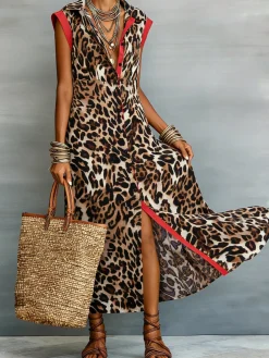 Casual Leopard Colorblock Tailored Maxi Dress