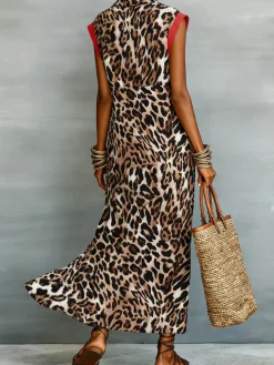 Casual Leopard Colorblock Tailored Maxi Dress