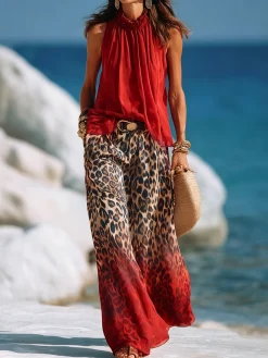 Casual Leopard Colorblock Wide Leg Pants No Belt