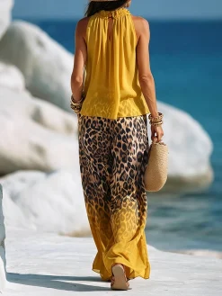 Casual Leopard Colorblock Wide Leg Pants No Belt
